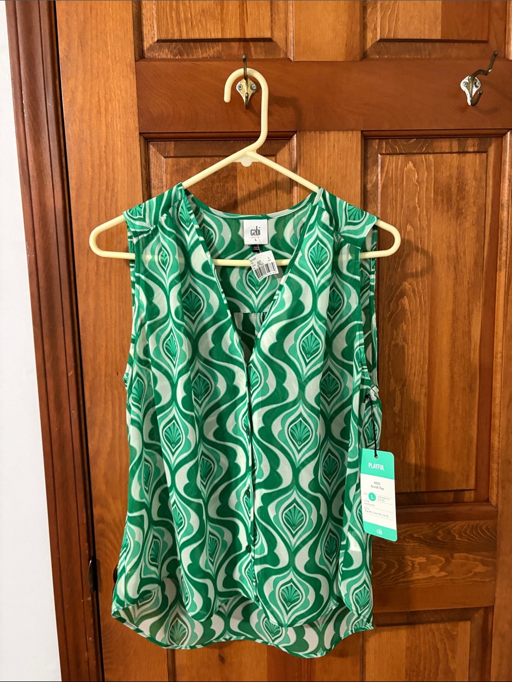 CAbi Green and White Printed Sleeveless V-Neck Top